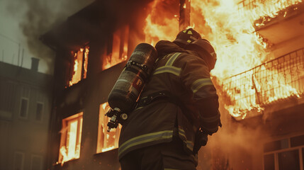 Firefighter rescuing a person from a burning building, heroism and bravery, the essence of being a life saver in emergency situations - obrazy, fototapety, plakaty