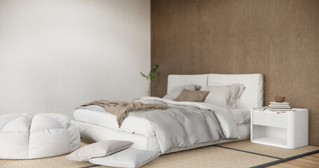 Fototapeta na wymiar Minimalist wabisabi interior mock up with zen bed plant and decoartion in japanese bedroom.