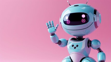 cute robot waving with one hand in shades of light blue, isolated on a solid pink  background. with copy space. 
