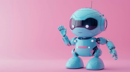 cute robot waving with one hand in shades of light blue, isolated on a solid pink  background. with copy space. 
