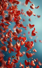 the 3d background of many red hearts falling into space