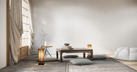 Modern with low table and pillow on minimal room japan style. - obrazy, fototapety, plakaty