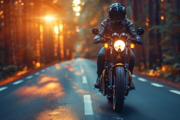 A biker in full gear speeds down a forest-lined road at dusk with the headlight illuminating the path, exemplifying freedom and adventure