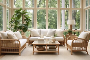 Bamboo Furniture Farmhouse Living Room Ideas: Cozy White Walls and Chairs