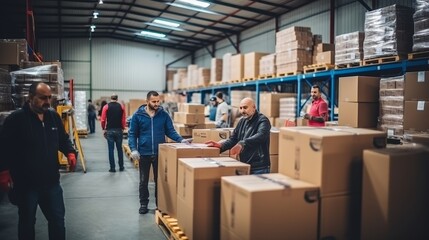 Group of hardware store employees engaged in busy workflow, shipping goods in large warehouse - obrazy, fototapety, plakaty