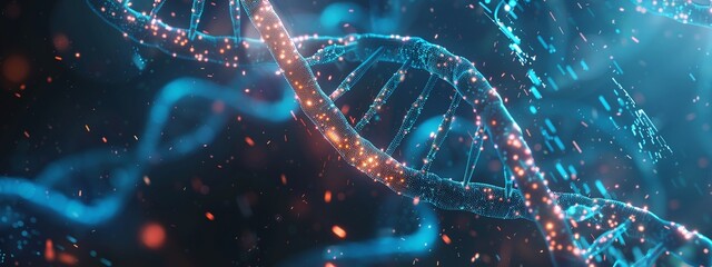 revolutionary impact of artificial intelligence AI in healthcare evident in its role in genetic research and personalized medicine, with DNA double helix intertwined with digital AI elements - obrazy, fototapety, plakaty