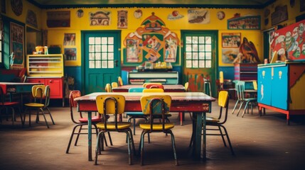 Colorful modern kindergarten classroom decor with educational learning resources