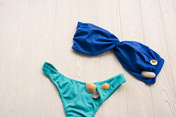 Women split multicolor blue swimsuit bikini. Summer background mockup template