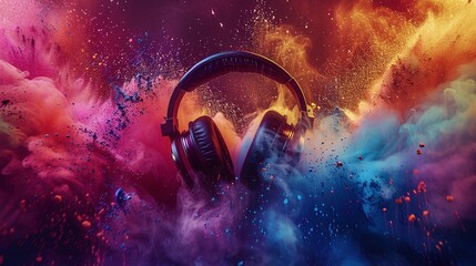 abstract colorful dust background with headset headphones, world music day banner. musical instruments design for event celebration - obrazy, fototapety, plakaty