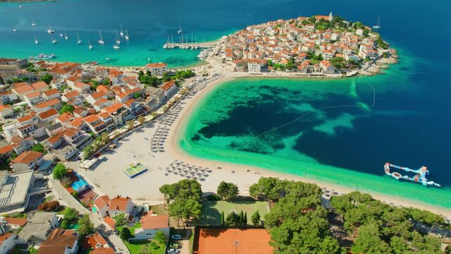 Aerial view of the picturesque Primosten town, Adriatic sea, Croatia