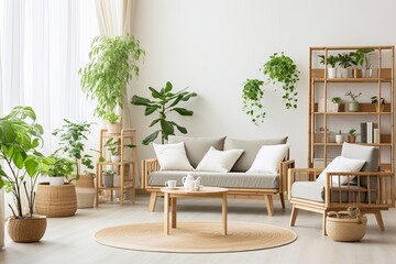 Bamboo Furniture Living Room Ideas: Minimalist Scandinavian Style with Natural Light and Green Plant Decor