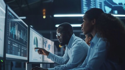 professionals in collaborative effort for ethical use of data AI system, diverse group examines data graphs on computer screen to identify and mitigate biases