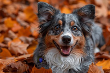 A smiling Australian Shepherd dog amidst vibrant autumn leaves, exuding joy and playfulness
