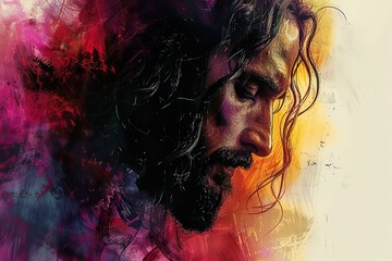 Portrait of Jesus Christ on abstract grunge background. Digital painting