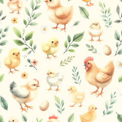 Watercolor Seamless pattern with cute roosters, chickens, hens and leaves on white background.