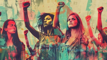 Diverse women empowerment: creepygrunge protest painting with raised fists