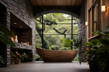 Biophilic Bathroom Interiors: Stone Bath Oasis with Indoor Plants and Wooden Accents