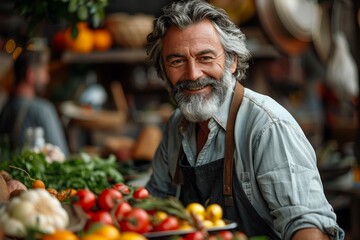 Cheerful older man with gray hair selling fresh vegetables at a local market stand