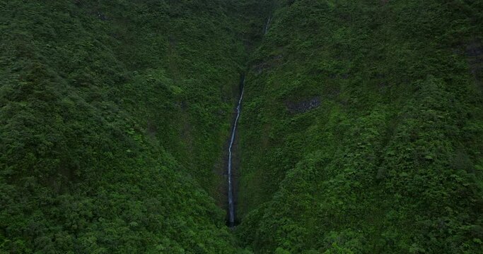 Biberon waterfall aerial view in Reunion island by drone