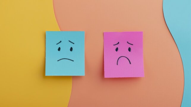 Colorful sticky notes with hand drawn happy and sad faces, evoking empathy and emotions - creepy yet captivating concept