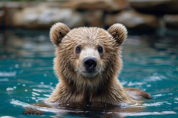 Fototapeta premium Captivating close-up of a swimming bear with detailed wet fur, and an intriguing gaze against the clear blue water