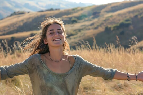 Energetic and happy young woman Capturing the spirit of youth and freedom Set against an inspiring outdoor backdrop