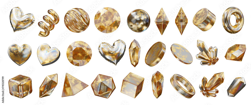 Poster gold object geometry shape set isolated background 3d rendering