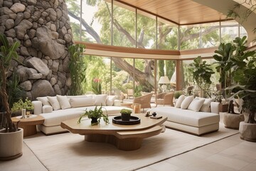 Fototapeta na wymiar Indoor Trees & Stone Accents: Biophilic Contemporary Living with Houseplants