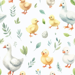Seamless watercolor pattern goose and little ducklings with sprigs of leaves.