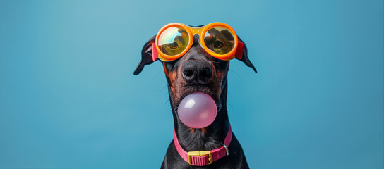 Doberman dog blowing bubble gum while sporting neon goggles. Against a dynamic backdrop, elegance with modernity. Banner for style and individuality, ideal choice for projects, from adv to social