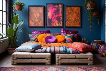 Vibrant Bohemian Bedroom: Eclectic Wall Art, Patterned Rugs, Floor Cushions