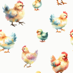 Watercolor Seamless pattern with cute roosters, chickens, hens and leaves on white background.