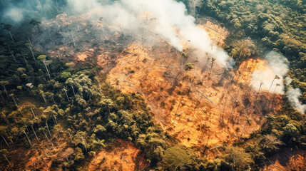 An aerial view captures deforestation as rainforests are cleared for palm oil and rubber plantations, highlighting environmental concerns.