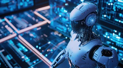 Robot operates Data Server .artificial intelligence robot ,digital technology concept with 3D data rendering.