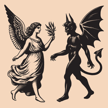 Angel and demon. Good and evil. Beautiful vintage engraving illustration, emblem. Black lines. Isolated, cut out