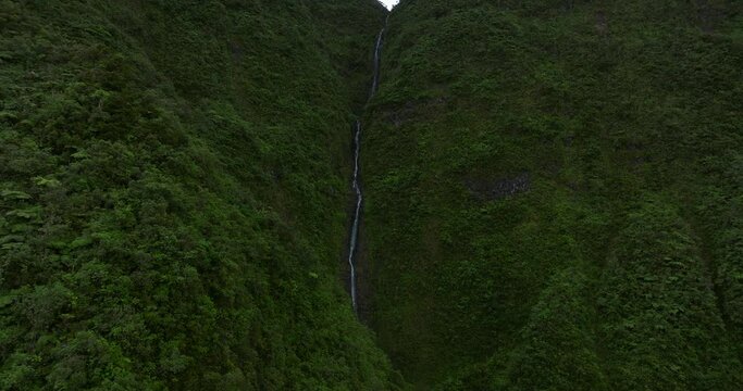 Biberon waterfall aerial view in Reunion island by drone