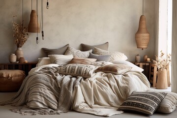 Earthy Tones Luxe: Boho Chic Neutral Color Palette Bedroom Design with Laid-back Luxury and Patterned Textiles