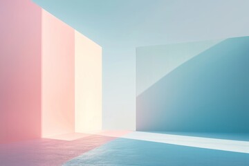 Minimalist Pastel Colored Architectural Space
A minimalist architectural design with pastel pink and blue walls casting soft shadows, creating a tranquil space.
