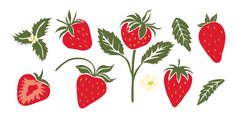Hand drawn abstract strawberry set. Collection of whole and cut strawberries, branches, flowers and leaves vector illustrations isolated on white background. Fresh juicy fruits clip art.