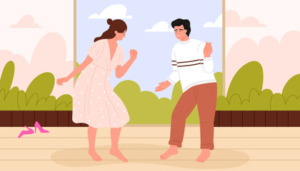 Young man and woman dance on outdoor home terrace barefoot. Happy couple in comfortable clothes dancing in fresh open summer air and smiling, enjoying time together cartoon vector illustration