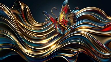 A radiant butterfly emerges from golden waves, a blend of nature and digital artistry