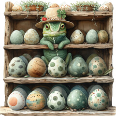 Obraz na płótnie Canvas Easter Egg Shelf Chameleon Patrick Festival, Vibrant Watercolor Scene: Many Eggs with Various Patterns in a Green-Hued Store, Adorned by a Charming Chameleon Wearing St. Patrick's Hat