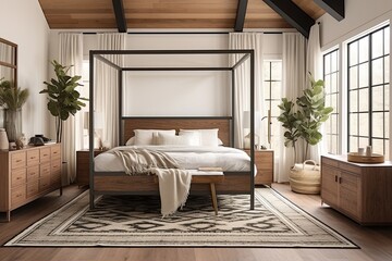 Chic Canopy Bedroom with Wooden Accents, Pendant Light, Art Deco Touches, and Cozy Rug