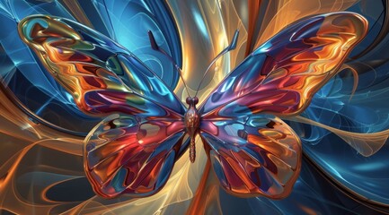 An electric butterfly vibrates with colors over a digital sea of blue swells