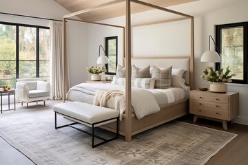 Modern Canopy Bed Bedroom: Chic Interiors with Wooden Side Table, Pendant Lights, and Stylish Rug