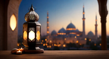 Ramadan islamic lanterns with night bokeh light with a blurred mosque ramadan HD background - obrazy, fototapety, plakaty