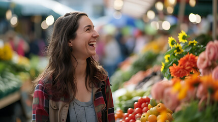 Mulher sorrindo em mercado cheio de produtos frescos e flores visto com lente 50mm em closeup
