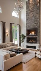 Luxurious interior design living room and fireplace in a beautiful house