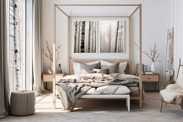 Wood Accents Canopy Bed Design: Cozy Nordic Bedroom with Art Poster Wall Decor and Blanket