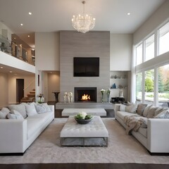Luxurious interior design living room and fireplace in a beautiful house